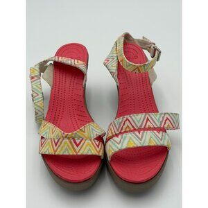 CROCS Leigh II Wedge Sandals Womens 10 Pink Multicolor Canvas Comfort